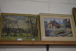 E S DIXON, STUDY OF A RIVERSIDE COTTAGE, WATERCOLOUR, TOGETHER WITH G R BUNTING, STUDY OF A SPRING