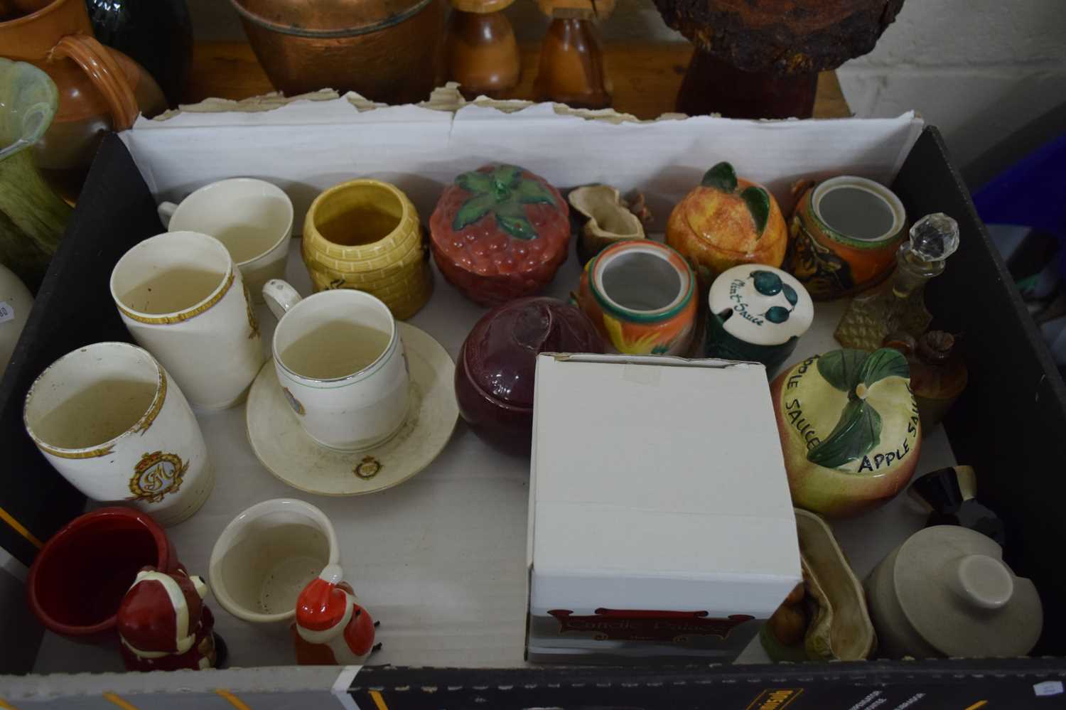 MIXED LOT PRESERVE POTS, ROYAL COMMEMORATIVE MUGS AND BEAKERS ETC