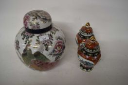 MODERN COVERED ORIENTAL JAR AND PAIR OF FURTHER SMALLER JARS (3)