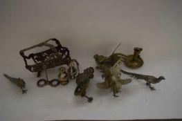 MIXED LOT SILVER PLATED PHEASANTS AND COCKERELS, BRASS DOOR KNOCKER, SILVER PLATED BOTTLE STAND ETC