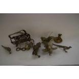 MIXED LOT SILVER PLATED PHEASANTS AND COCKERELS, BRASS DOOR KNOCKER, SILVER PLATED BOTTLE STAND ETC