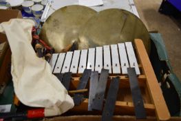 MIXED LOT COMPRISING NOVELTY BAGPIPES, XYLOPHONE, AND CYMBALS