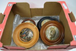 FIVE FRAMED PRATT WARE POT LIDS