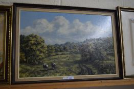 PETER GIBSON, STUDY OF COWS IN PASTURE, OIL ON BOARD, FRAMED