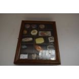 SMALL DISPLAY CABINET CONTAINING VARIOUS ENAMEL AND OTHER DECORATED PILL BOXES