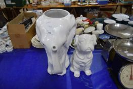 JARDINIERE FORMED AS AN ELEPHANT AND A FURTHER MODEL DOG (2)