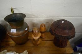 THREE CARVED WOODEN TOADSTOOLS AND A COPPER JUG (3)