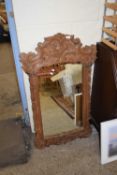 20TH CENTURY HARDWOOD FRAMED WALL MIRROR DECORATED WITH FLORAL CARVED DETAIL, 113CM HIGH