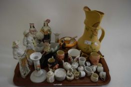 MIXED LOT VARIOUS MINIATURE TEA WARES, STAFFORDSHIRE CLOCK FIGURE GROUP, MINIATURE CHARACTER JUGS,