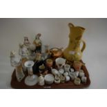 MIXED LOT VARIOUS MINIATURE TEA WARES, STAFFORDSHIRE CLOCK FIGURE GROUP, MINIATURE CHARACTER JUGS,