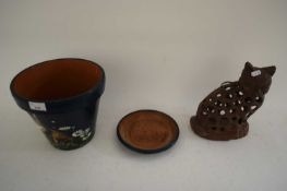 IRON CAT SHAPED CANDLE HOLDER AND A CAT DECORATED JARDINIERE (2)