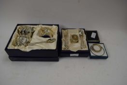 MIXED LOT COMPRISING A SILVER PLATED THREE PIECE CHRISTENING SET, SILVER PLATED TEDDY BEAR SHAPED