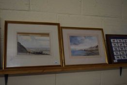 KEITH JOHNSON, PAIR OF COASTAL SCENES WITH FISHING BOATS AND ANGLER, WATERCOLOURS, F/G