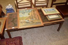 MID-20TH CENTURY HARDWOOD FRAMED COFFEE TABLE WITH INSET GEOMETRIC DESIGN TO TOP, 130CM WIDE (A/F)