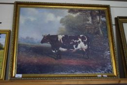 STUDY OF A PRIZE COW, CONTEMPORARY OLEOGRAPH, GILT FRAMED