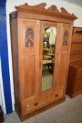 LATE VICTORIAN SATIN WALNUT WARDROBE WITH MIRRORED CENTRE DOOR AND DRAWER BASE, 113CM WIDE