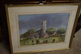 20TH CENTURY SCHOOL, STUDY OF A RURAL CHURCH, PASTEL, INITIALLED 'ME', GILT FRAMED (A/F)