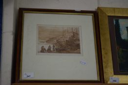 20TH CENTURY SCHOOL, STUDY OF FISHERMEN AT SHORELINE, ETCHING, INDISTINCTLY SIGNED IN PENCIL, F/G