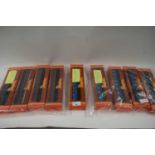 HORNBY 00 GAUGE MODEL RAILWAY, FIVE VARIOUS LMS CORONATION SCOT COACHES AND FOUR CRIMSON LAKE