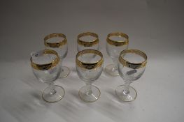 SET OF SIX MODERN GILT RIMMED WINE GLASSES