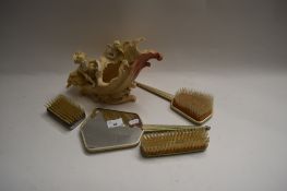 MIXED LOT : COMPRISING A CORNUCOPIA FORMED VASE AND A DRESSING TABLE BRUSH AND MIRROR SET