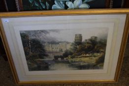 COLOURED ENGRAVING OF WARWICK CASTLE, F/G, 98CM WIDE