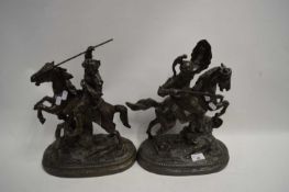 PAIR OF BRONZED SPELTER MODELS OF SOLDIERS ON HORSEBACK