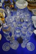 COLLECTION VARIOUS CLEAR DRINKING GLASSES, DECANTERS ETC