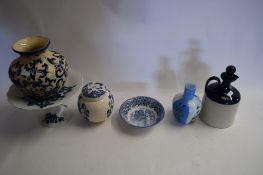 MIXED LOT : TAZZA, BLUE AND WHITE GINGER JAR, OPAQUE GLASS VASE ETC