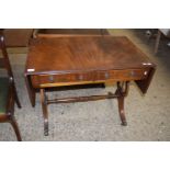 REPRODUCTION MAHOGANY DROP LEAF SOFA TABLE WITH LYRE SHAPED ENDS, 90CM WIDE