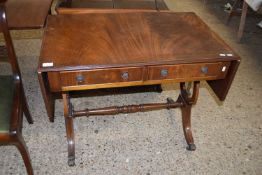 REPRODUCTION MAHOGANY DROP LEAF SOFA TABLE WITH LYRE SHAPED ENDS, 90CM WIDE