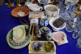 LARGE MIXED LOT VARIOUS CERAMICS, CHAMBER POT, DRESSING TABLE TRAY, MEAT PLATE, VASES, JUGS, PICTURE
