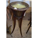 EDWARDIAN MAHOGANY AND INLAID THREE LEGGED PLANT STAND WITH METAL LINER (A/F)