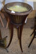 EDWARDIAN MAHOGANY AND INLAID THREE LEGGED PLANT STAND WITH METAL LINER (A/F)