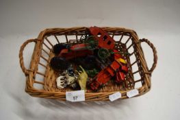 SMALL BASKET CONTAINING DIE-CAST FARM VEHICLES, FARM ANIMALS ETC