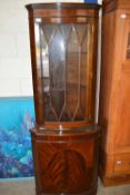 MAHOGANY VENEERED FLOOR STANDING CORNER CABINET WITH GLAZED TOP SECTION