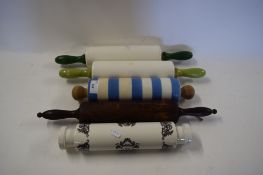 COLLECTION OF FIVE ROLLING PINS TO INCLUDE ONE IN THE CORNISH WARE STYLE, OTHER EXAMPLES BY NUT