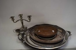 MIXED LOT : LARGE SILVER PLATED SERVING TRAYS, CANDELABRA ETC