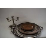 MIXED LOT : LARGE SILVER PLATED SERVING TRAYS, CANDELABRA ETC