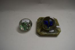 TWO PAPERWEIGHTS AND A POLISHED ONYX ASHTRAY