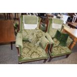 PAIR OF LATE VICTORIAN GREEN UPHOLSTERED ARMCHAIRS