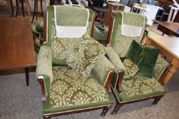 PAIR OF LATE VICTORIAN GREEN UPHOLSTERED ARMCHAIRS