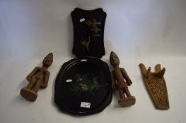 MIXED LOT : PAIR OF HARDWOOD ETHNIC FIGURES, SMALL LACQUERED TRAYS AND A BOOT JACK