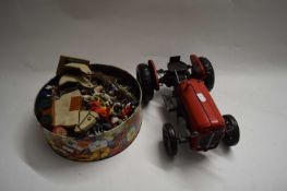 TIN CONTAINING COLLECTION VARIOUS CLASSIC FARM ANIMALS, METAL MODEL TRACTOR AND OTHER TOYS