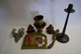 MIXED LOT : BRASS INK STAND, SMALL OIL LAMP, VARIOUS OTHER CANDLESTICKS ETC