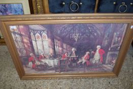 COLOURED PRINT, INTERIOR SCENE, GILT FRAMED, 105CM WIDE