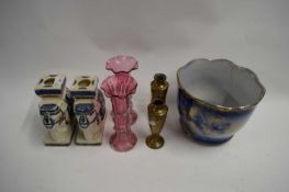 MIXED LOT : JARDINIERE, CRANBERRY GLASS VASES, MODEL ELEPHANTS ETC