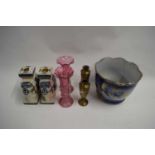 MIXED LOT : JARDINIERE, CRANBERRY GLASS VASES, MODEL ELEPHANTS ETC