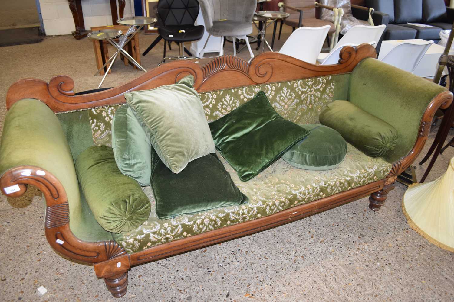 VICTORIAN SCROLL END SOFA WITH GREEN UPHOLSTERY, 200CM WIDE