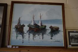 CONTEMPORARY CONTINENTAL SCHOOL, STUDY OF MOORED BOATS, OIL ON CANVAS, SIGNED BALAR